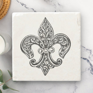 Posavasos De Piedra Fleur De Lis Laceado Vintage en Blanco y Negro