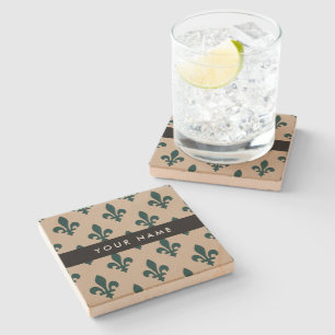 Posavasos De Piedra Fleur de Lis, Verde sobre Beige, Real, Tu Nombre