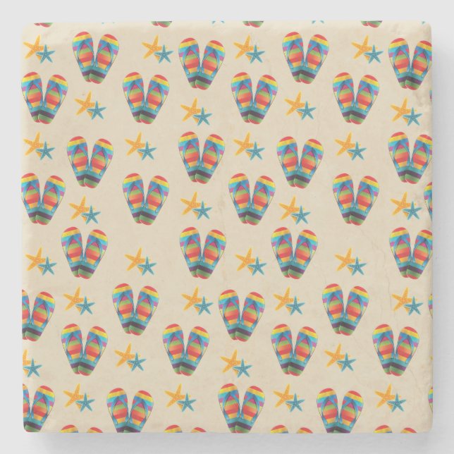Posavasos De Piedra Flips-flopes rayados y estrellas de mar de la (Anverso)