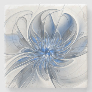 Posavasos De Piedra Flor abstracta de arte fractal acuarela gris azul