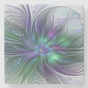 Posavasos De Piedra Flor Abstracta Moderna Fractal Verde Púrpura