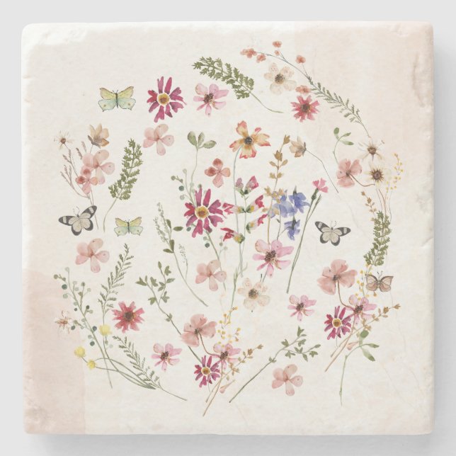 Posavasos De Piedra Flor acuarela prensada y seca Flora silvestre (Anverso)