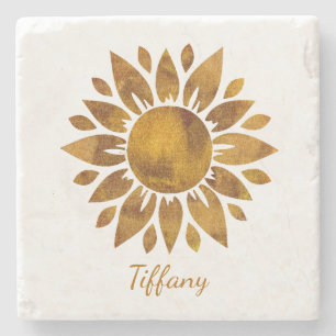 Posavasos De Piedra Flor acuarela sol amarillo naranja saturado
