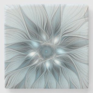 Posavasos De Piedra Flor alegre Abstracto Floral Gris azul Fractal