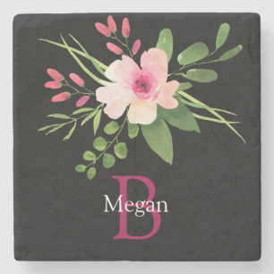 Posavasos De Piedra Flor de Acuarela, Nombre y Monograma en Negro