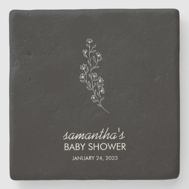 Posavasos De Piedra Flor de Arte de Línea Elegante Negra (Anverso)