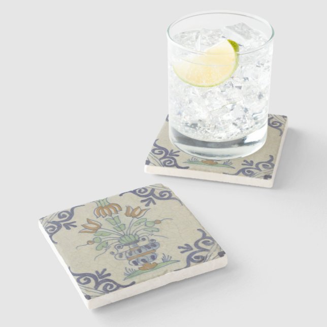 Posavasos De Piedra Flor De Cerámica Delft Tile Antiguo (Lateral)