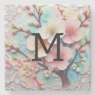 Posavasos De Piedra Flor de cerezo rosa floral de encaje monograma