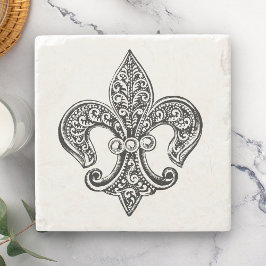 Posavasos De Piedra Flor de lis de encaje blanco y negro del vintage