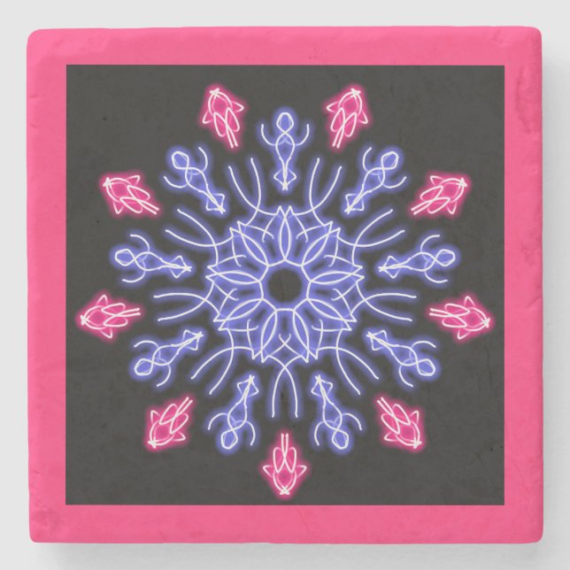 Posavasos De Piedra Flor de neón azul y rojo (Anverso)