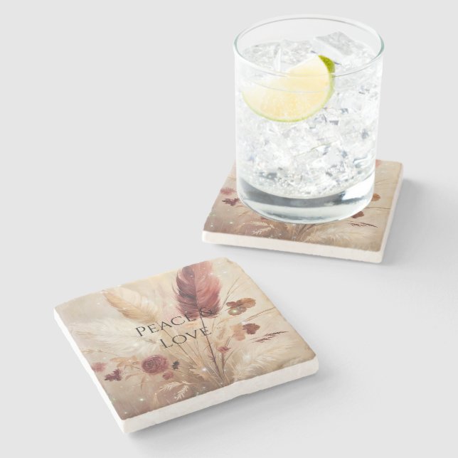 Posavasos De Piedra Flor de plumas de crema roja (Lateral)