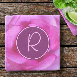 Posavasos De Piedra Flor de rosa rosa púrpura monograma inicial modern