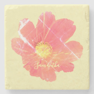 Posavasos De Piedra Flor floral retro amarillo rojo flor acuarela