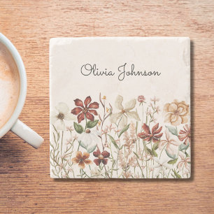 Posavasos De Piedra Flor Floral Silvestre Vintage Acuarela Personaliza