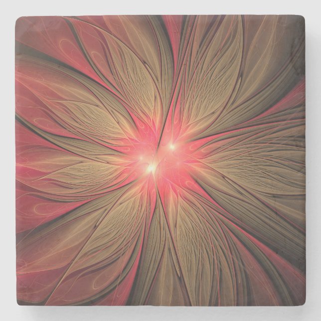 Posavasos De Piedra Flor fractal de fanatismo rojo (Anverso)