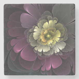 Posavasos De Piedra Flor Fractal Gris Purpura Moderna Abstracta