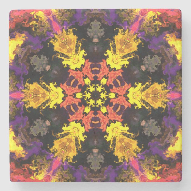 Posavasos De Piedra Flor hippie psicodélica amarillo rojo y morado (Anverso)