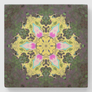 Posavasos De Piedra Flor psicodélica caleidoscópica amarillo y rosa