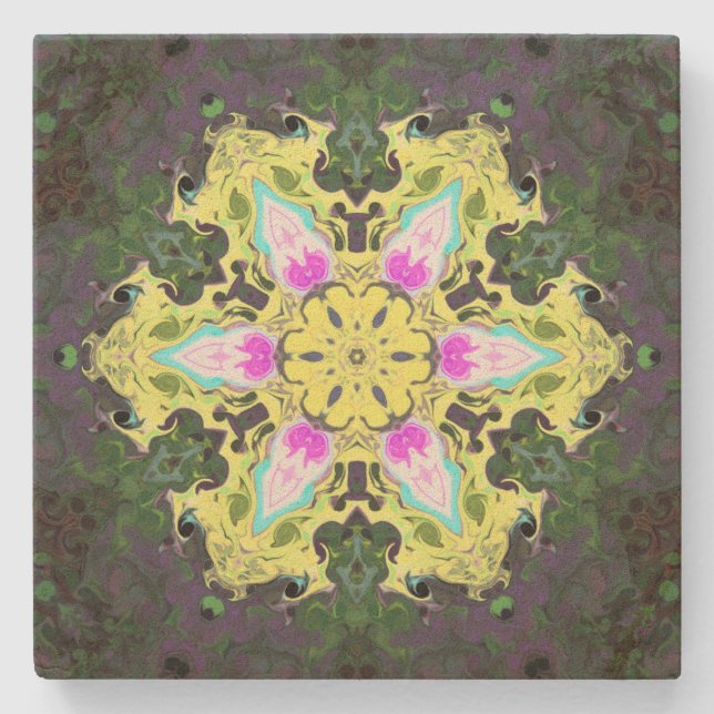 Posavasos De Piedra Flor psicodélica caleidoscópica amarillo y rosa (Anverso)