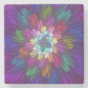 Posavasos De Piedra Flor psicodélica colorida Resumen Arte Fractal