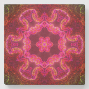 Posavasos De Piedra Flor psicodélica Kaleidoscopio rosa rojo y verde