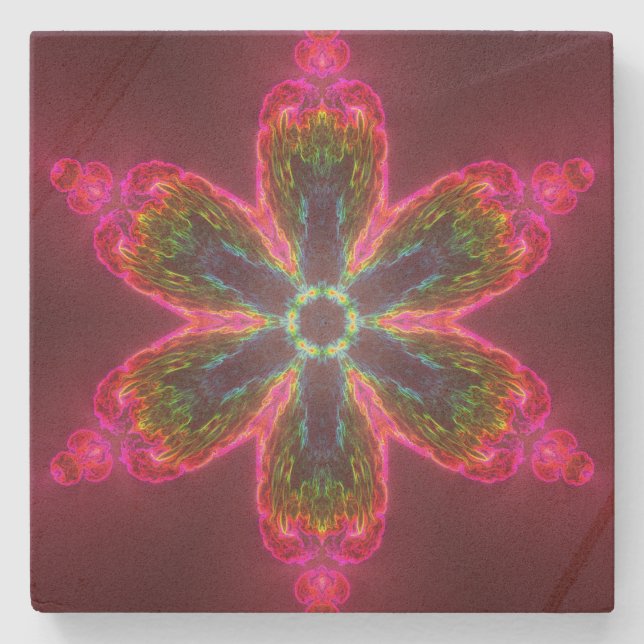 Posavasos De Piedra Flor psicodélica Kaleidoscopo verde y rosa (Anverso)