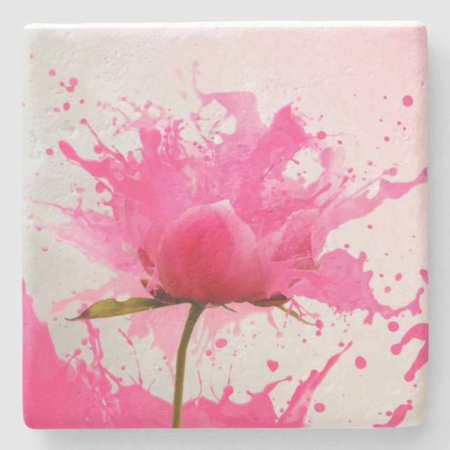 Posavasos De Piedra Flor rosa Abstract Paint Splatt (Anverso)