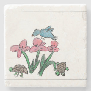 Posavasos De Piedra Flor rosa con pájaro