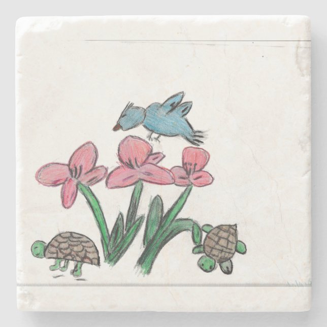 Posavasos De Piedra Flor rosa con pájaro (Anverso)