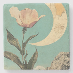 Posavasos De Piedra Flor rosa y luna creciente