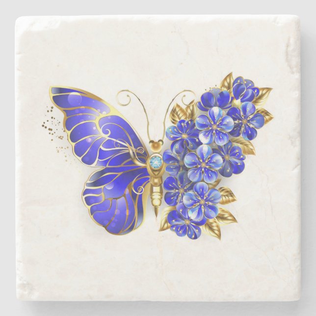 Posavasos De Piedra Flor Sapphire Mariposa (Anverso)