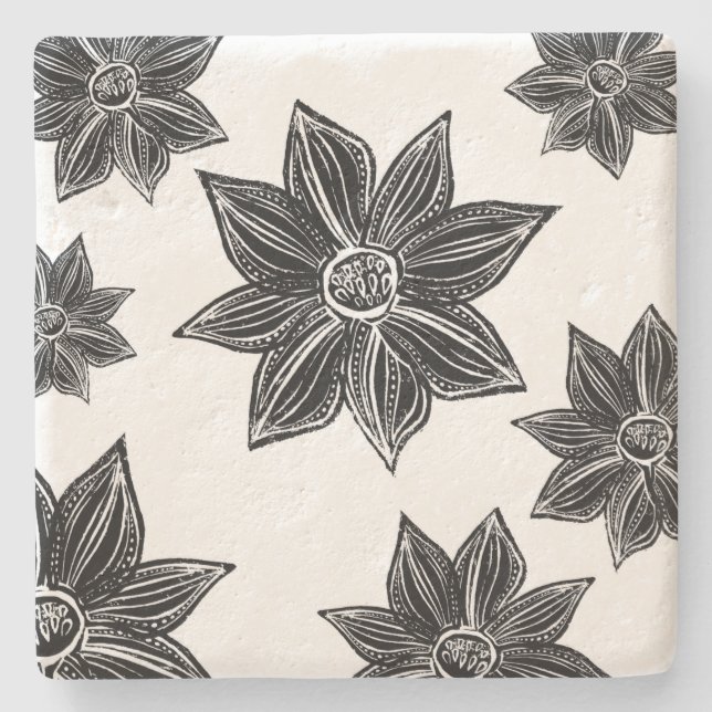 Posavasos De Piedra Flor tropical negra y blanca (Anverso)