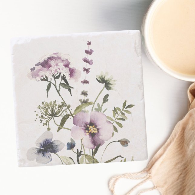 Posavasos De Piedra Flor violeta Bouquet acuarela Flora (In situ)