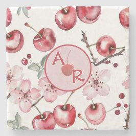 Posavasos De Piedra Flor y monograma de cerezo personalizados
