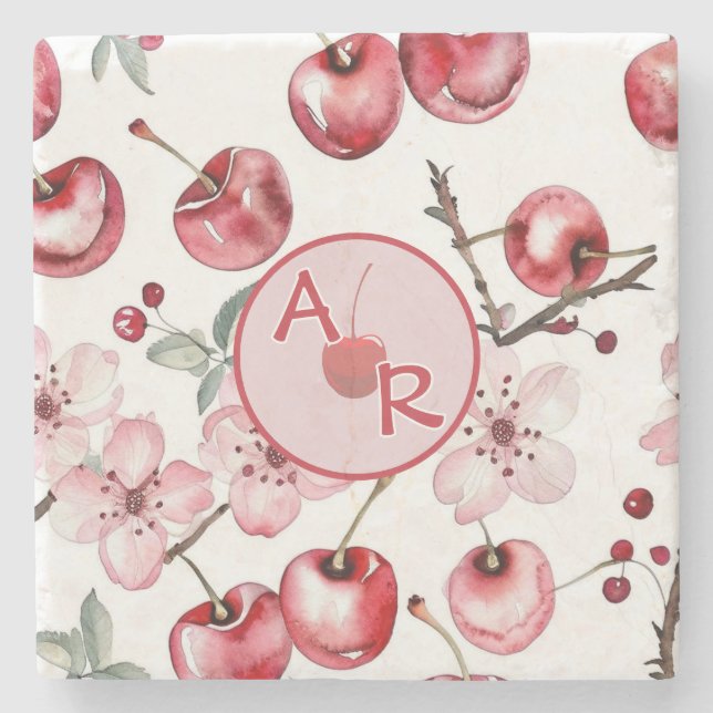 Posavasos De Piedra Flor y monograma de cerezo personalizados (Anverso)
