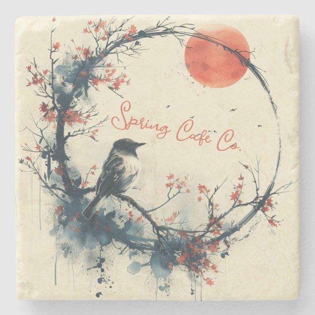 Posavasos De Piedra Flora de pájaro de primavera (Anverso)