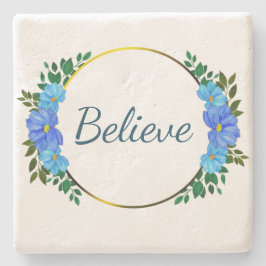 Posavasos De Piedra Floral Believe Blue texto Relax Recordatorio Alent