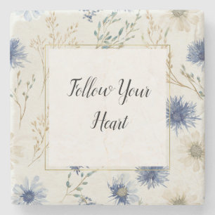 Posavasos De Piedra Floral Blanco Azul  