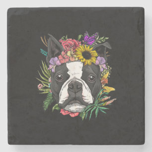Posavasos De Piedra Floral Boston Terrier Perro Primavera Naturaleza P