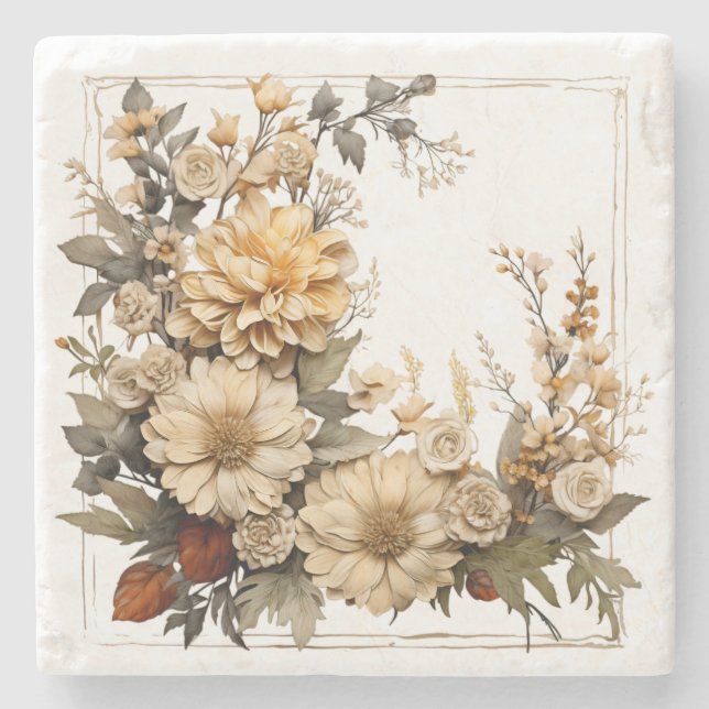 Posavasos De Piedra Floral Botánico Neutral Atemporal (Anverso)