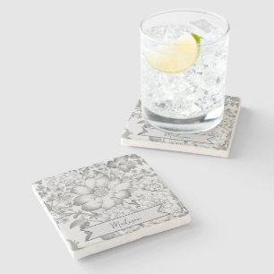 Posavasos De Piedra Floral chinomérica gris vintage personalizada