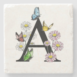 Posavasos De Piedra Floral Cumpleaños Mariposa Monograma A