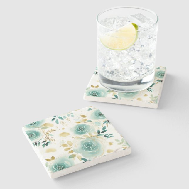 Posavasos De Piedra Floral de Rosa de oro blanco verde suave (Lateral)