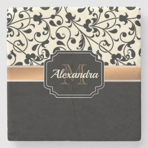 Posavasos De Piedra Floral en negro y blanco