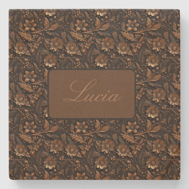 Posavasos De Piedra Floral Grabado en relieve de bronce oscuro persona (Anverso)