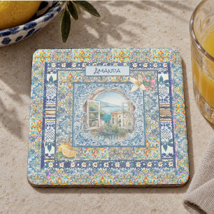 Posavasos De Piedra floral italiano de verano baldosas azules cítrico