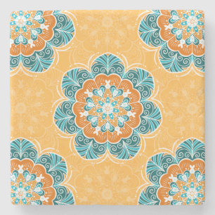 Posavasos De Piedra Floral Mandala Tile en Naranja y Verde azulado