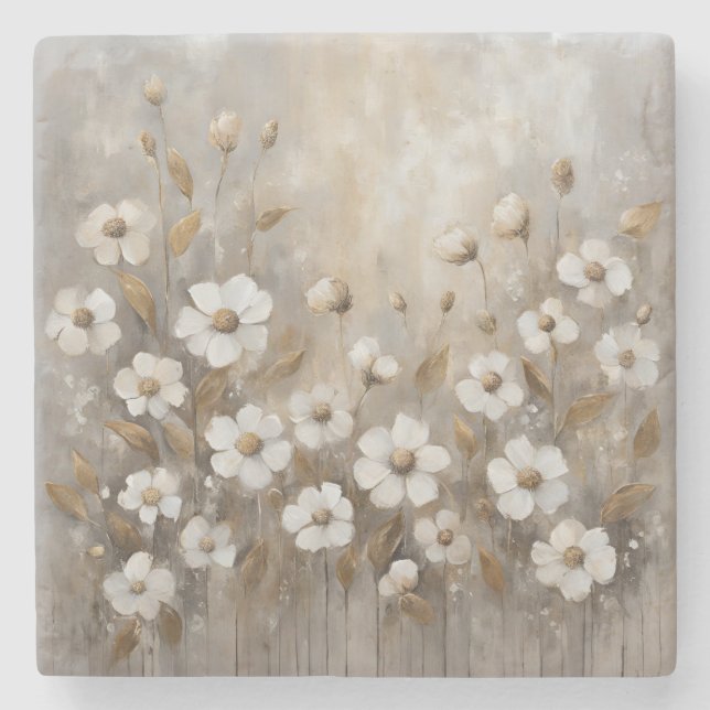 Posavasos De Piedra Floral Neutral Gray Gold Taupe (Anverso)