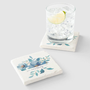 Posavasos De Piedra Floral personalizado de acuarela azul brillante  