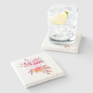 Posavasos De Piedra Floral personalizado de acuarela rosa brillante  